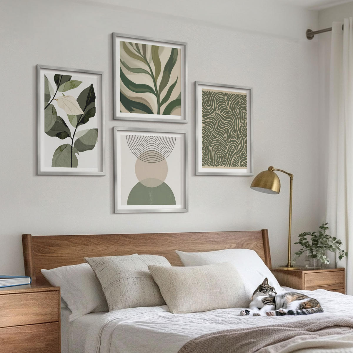 BILDER SET 4er Set - 50x50 cm & 40x60 cm Silberner Rahmen - Blätter geometrische Formen abstrakt - Silberfarben, Kunststoff (50/50cm) - TULUP