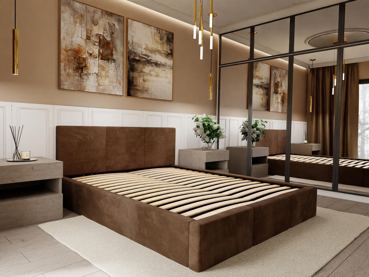 POLSTERBETT mit Stauraum Braun 120x200cm Kopfteil 100cm - Dunkelgelb/Braun, Holzwerkstoff/Textil (120/200cm) - Muralo
