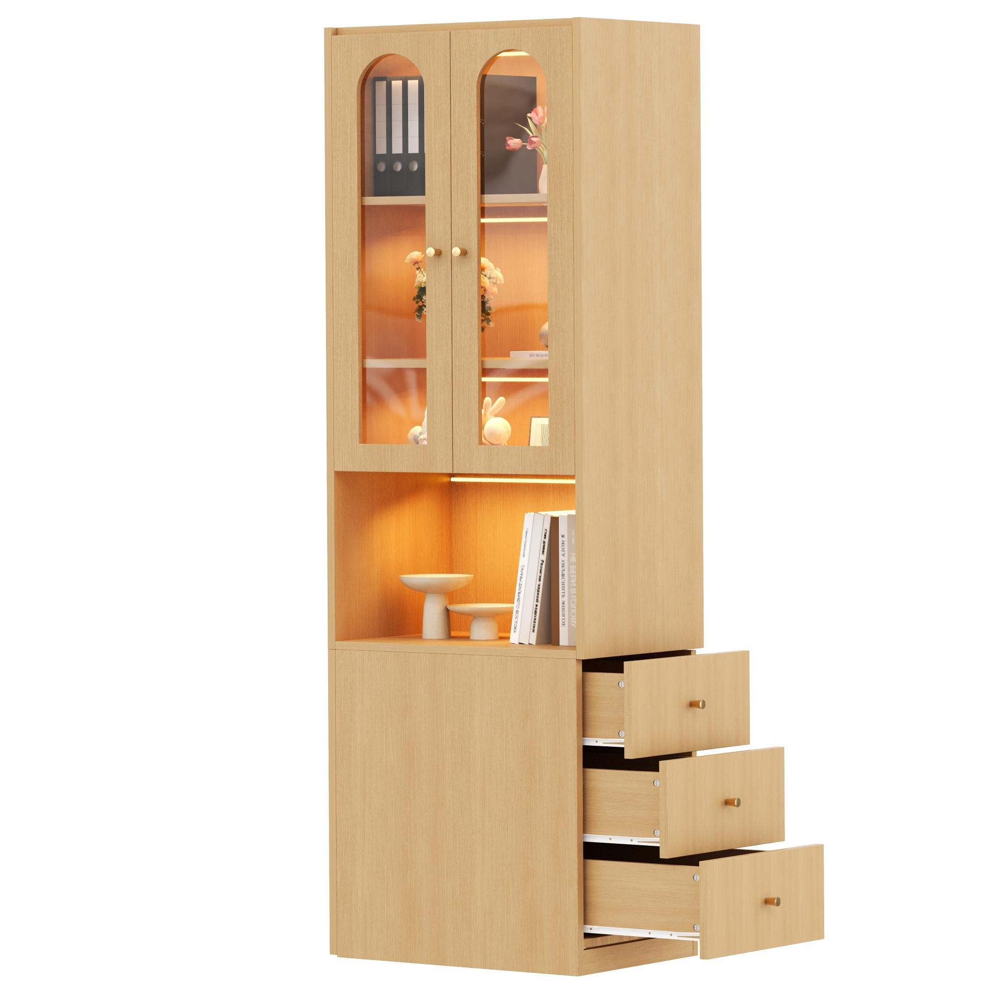 KNIHOVNA z MDF 60x40x200 cm v dekoru dubu s LED vitrínou z tvrzeného skla a bočními zásuvkami - barva dubu, kompozitní dřevo (60/200/40cm) - Modfu
