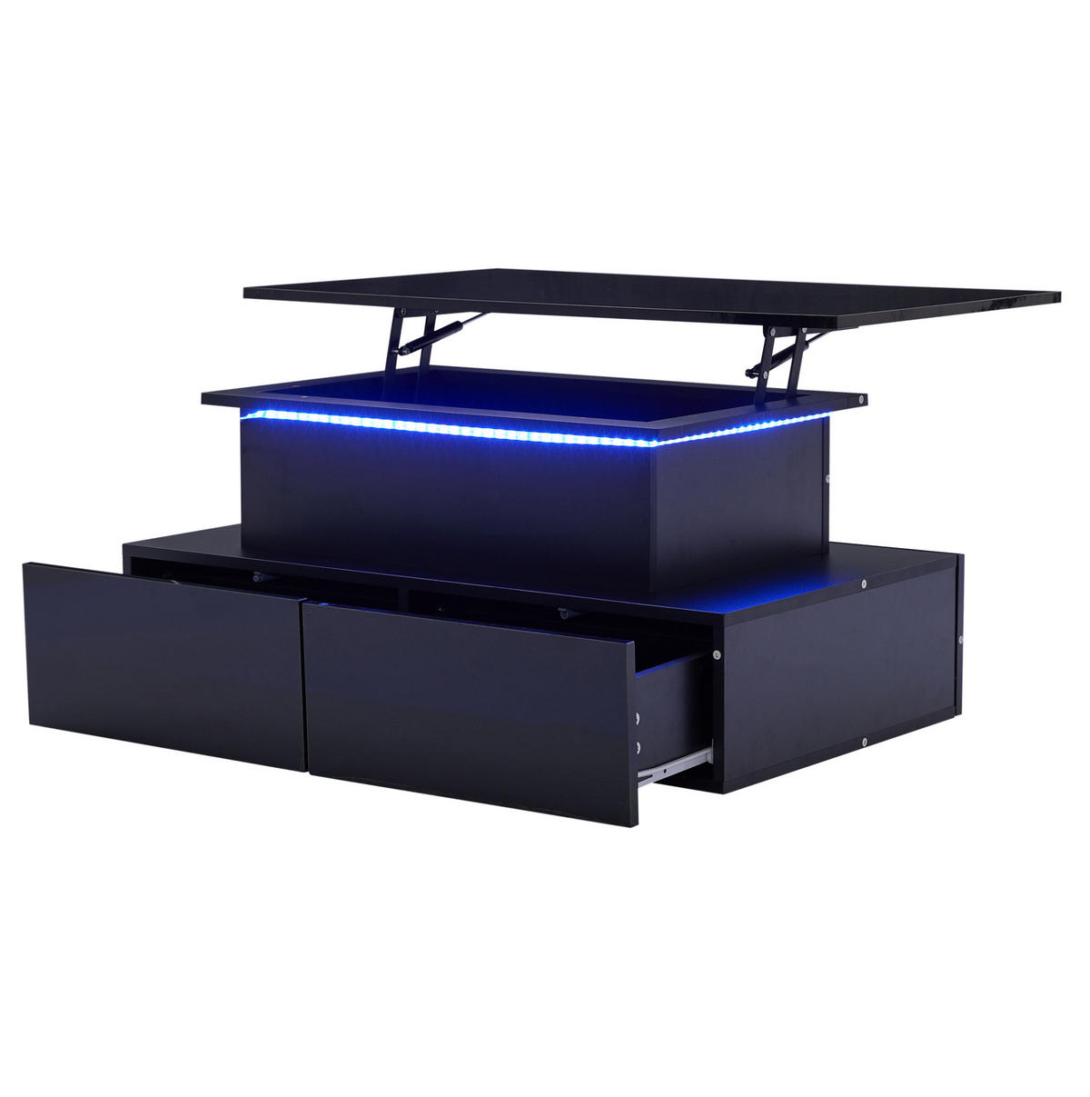 COUCHTISCH 90/55/41 cm aus Holzwerkstoff mit LED-Beleuchtung, ausziehbarer Platte und 4 Schubladen, Schwarz - Schwarz, Holzwerkstoff (90/55/41cm) - Redom
