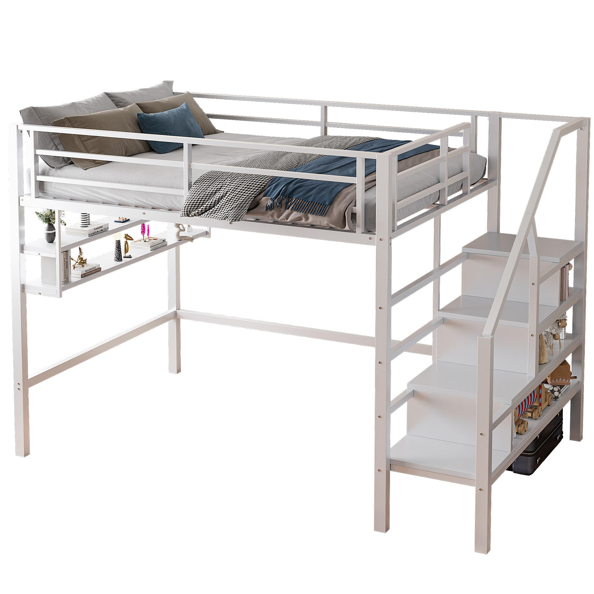 HOCHBETT 140x200cm Weiß Einlegeböden Stauraumleiter Geländer - Weiß, Metall (140/200cm) - FLIEKS