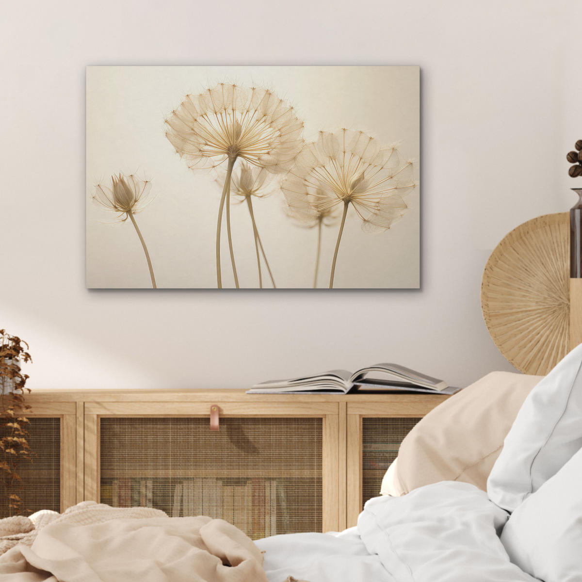 AKUSTIKBILD Sonnenlicht - Löwenzahn - Botanisch - Blumen Wanddeko 70x50 cm - Creme, Kunststoff (70/50/0.9cm) - MuchoWow
