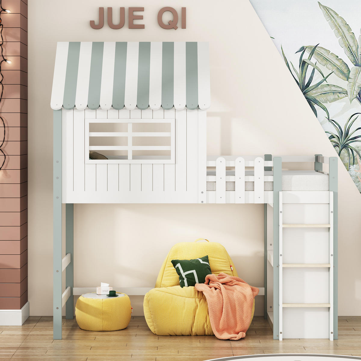 KINDEREINZELBETTEN aus Massivholz 90x200 cm in Grün mit Sicherheitsleiter - Grün, Holz (90/200cm) - Modfu