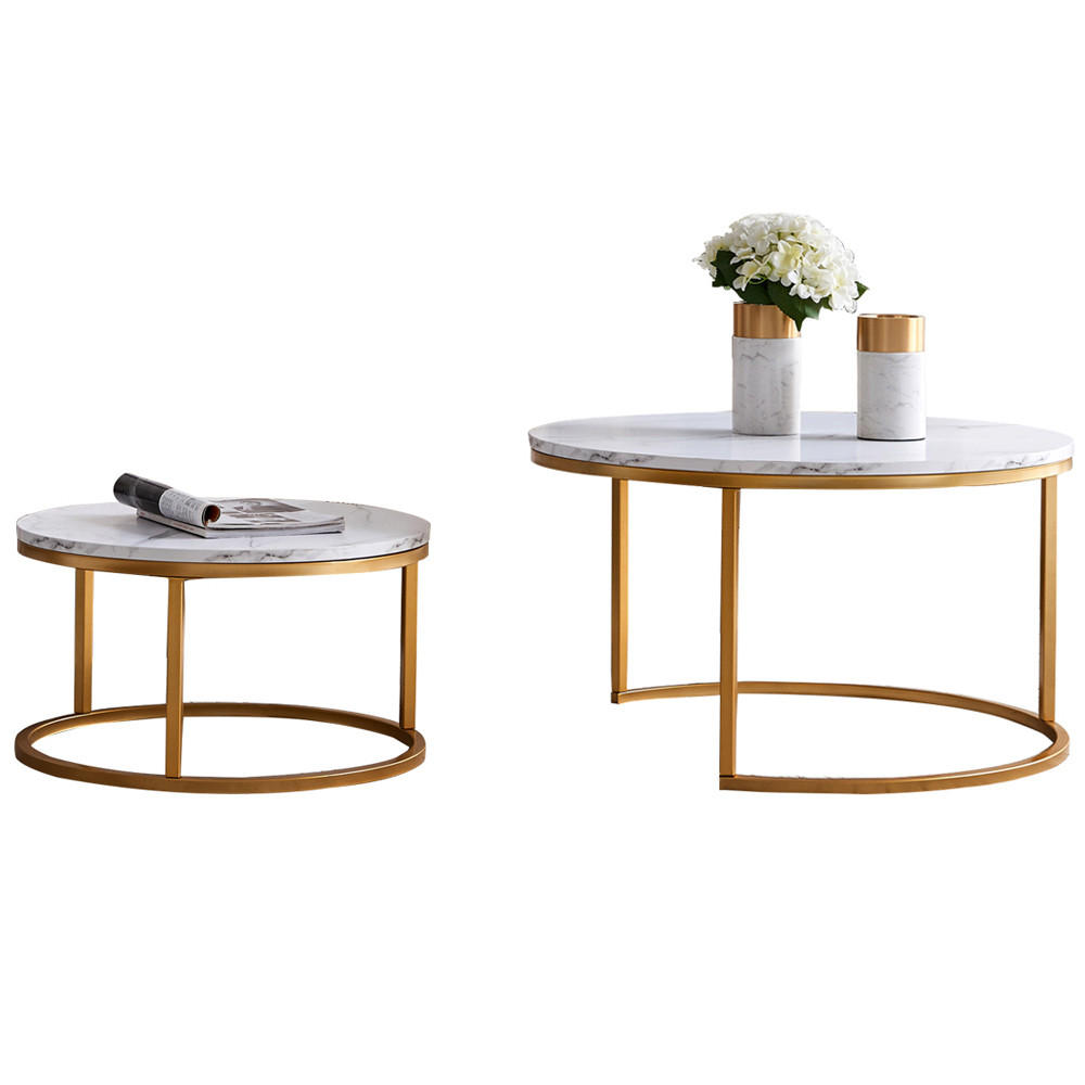 COUCHTISCH-SET Weiß Marmoroptik mit Metallgestell, stapelbar - Goldfarben, Metall (80/80/80cm)