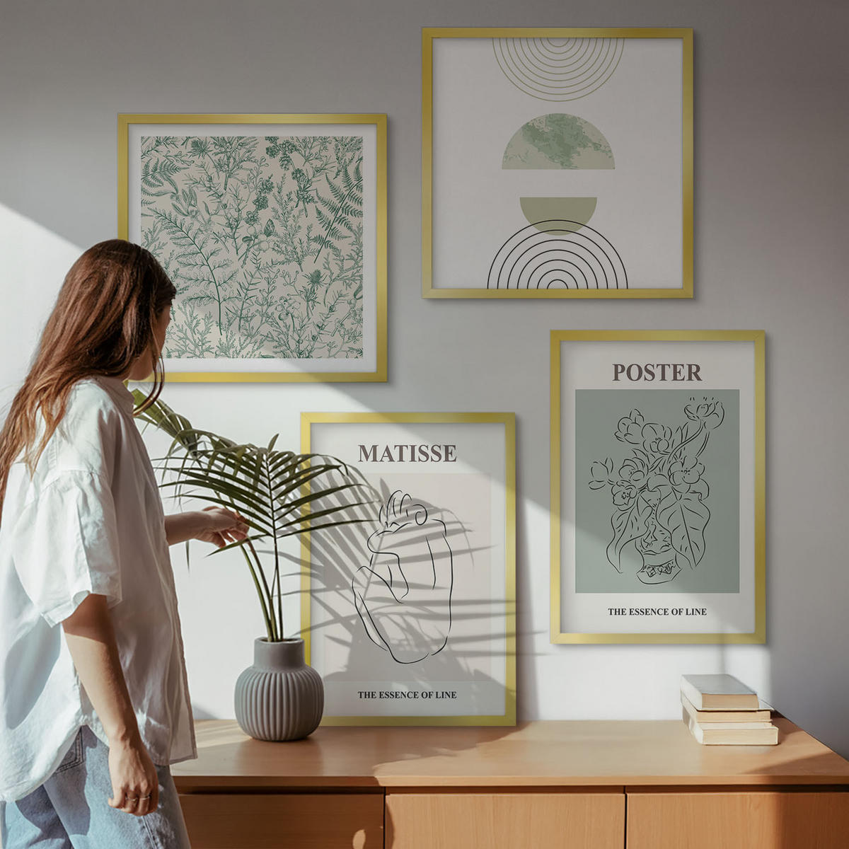 BILDER SET 4er Set - 50x50 cm & 40x60 cm Goldrahmen - Linien, Pflanzenmuster, Minimalismus - Goldfarben, Kunststoff (50/50cm) - TULUP