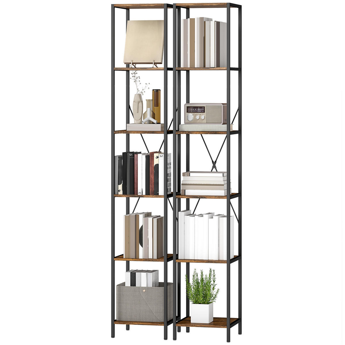 BÜCHERREGAL DE-09386 2er-Set, 6 Ebenen Rustikal-Braun - Braun, Holzwerkstoff (30/174.5/30cm) - ComfortXL