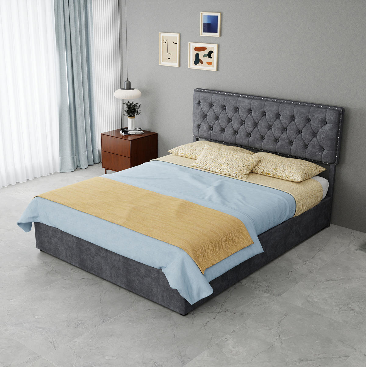 POLSTERBETT 140/200 cm mit hohem Kopfteil, Stauraum unter dem Bett und Matratze, Grau - Grau, Textil (140/200cm) - Redom