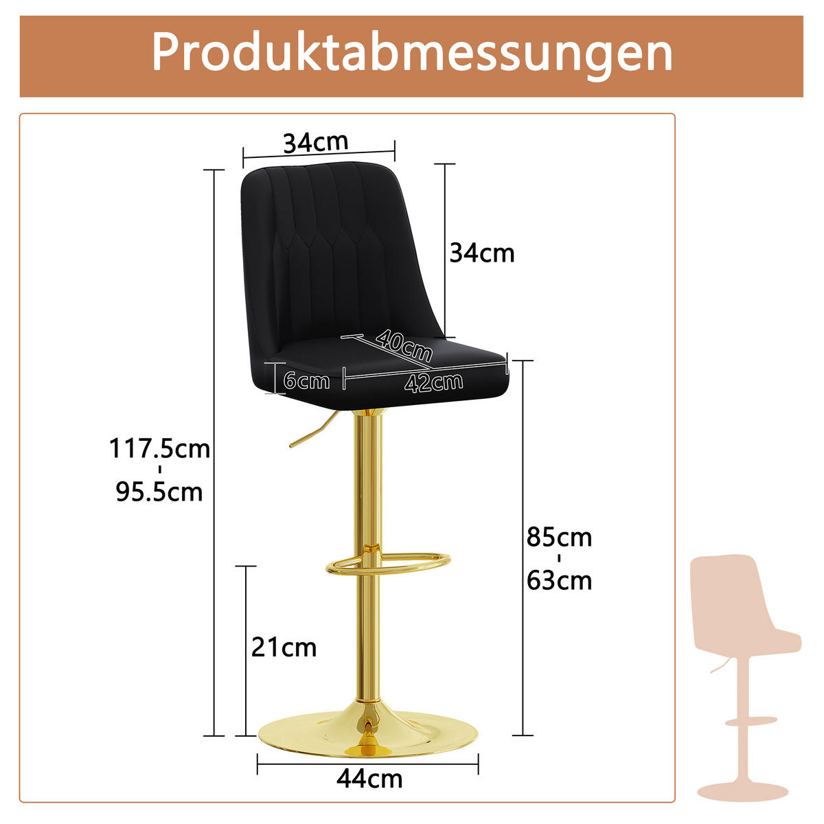 BARHOCKER 2er-Set Schwarz & Gold Höhenverstellbar 360° Drehbar mit Rückenlehne - Schwarz, Metall (44/95.5/44cm) - PANGIVO