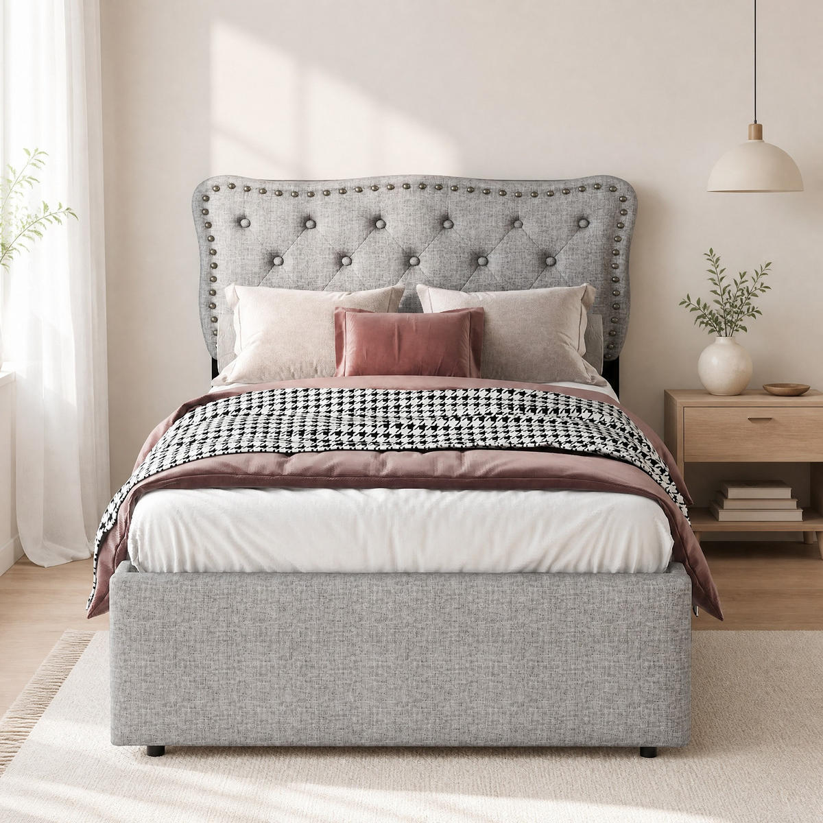 POLSTERBETT 90/200 mit zwei Schubladen, dreifach verstellbarem Kopfteil und dekorativen Nieten in Grau - Grau, Holzwerkstoff/Textil (90/200cm) - EVRYAE