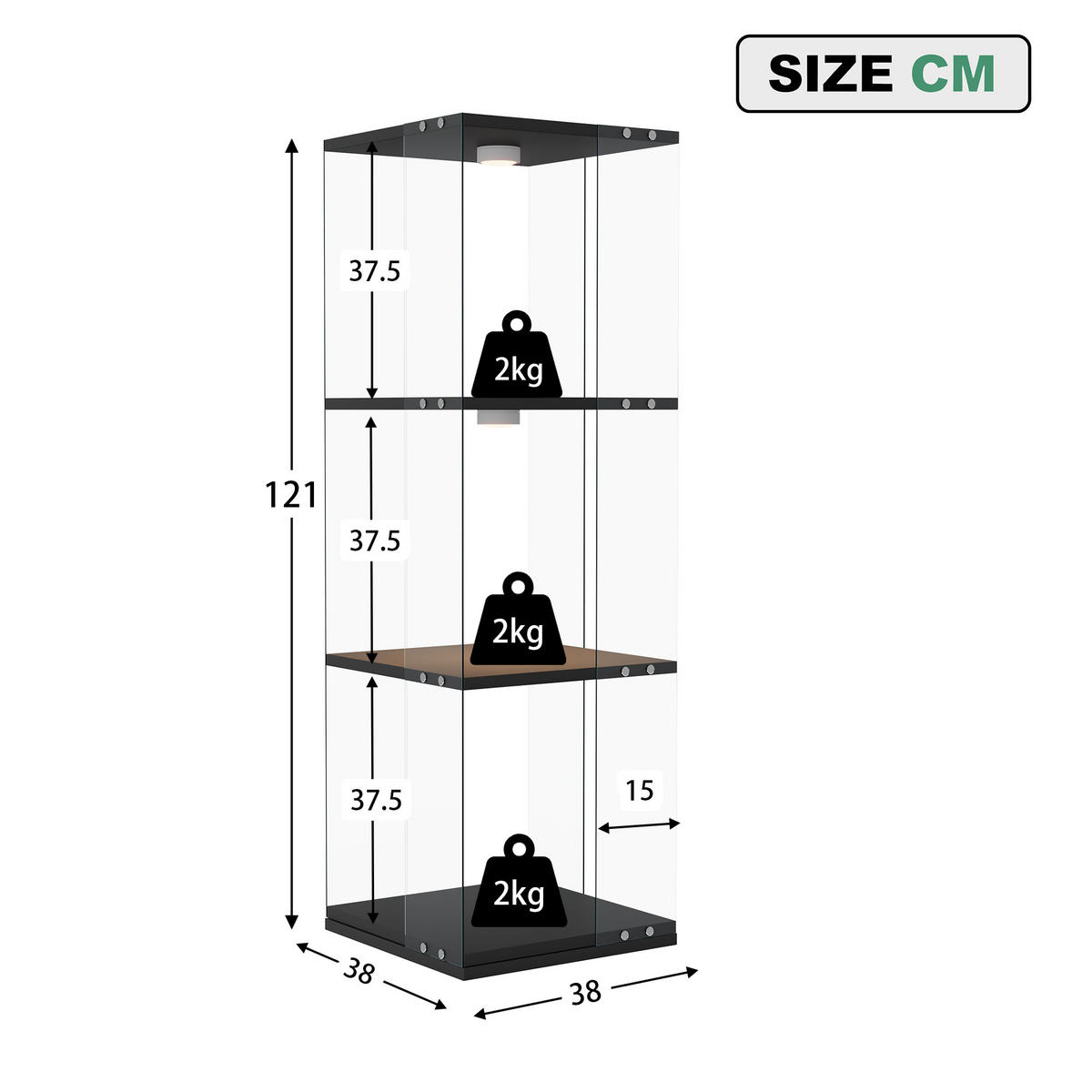 DREHVITRINE 360° mit RGB LED, 3 Ebenen, Glasvitrine schwarz für Deko - Schwarz, Glas (38/121/38cm) - SHOPENTRA
