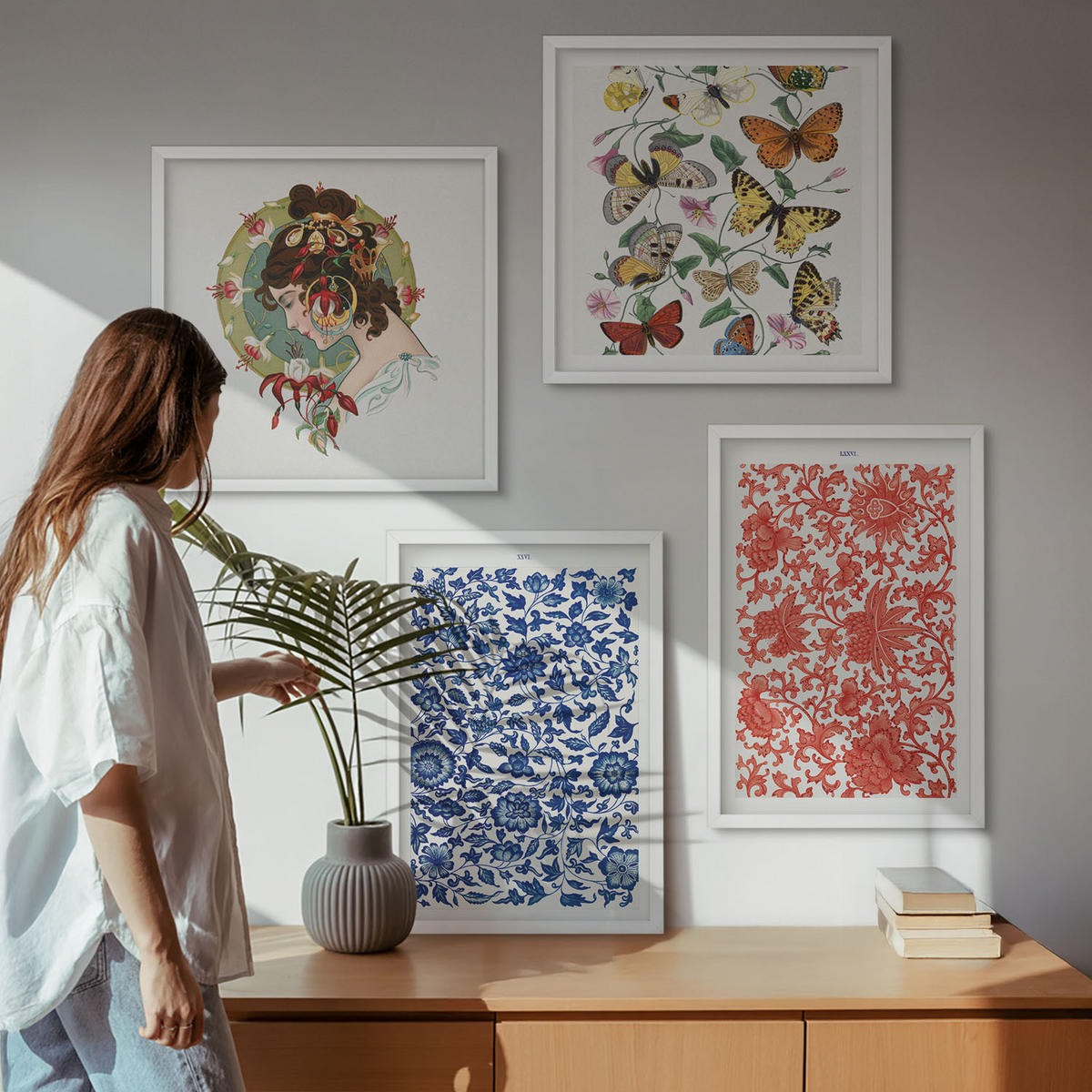 BILDER SET 4er Set - 50x50 cm & 40x60 cm Weißer Rahmen - Vintage-Blumen-Schmetterlings-Ornamente - Weiß, Kunststoff (50/50cm) - TULUP