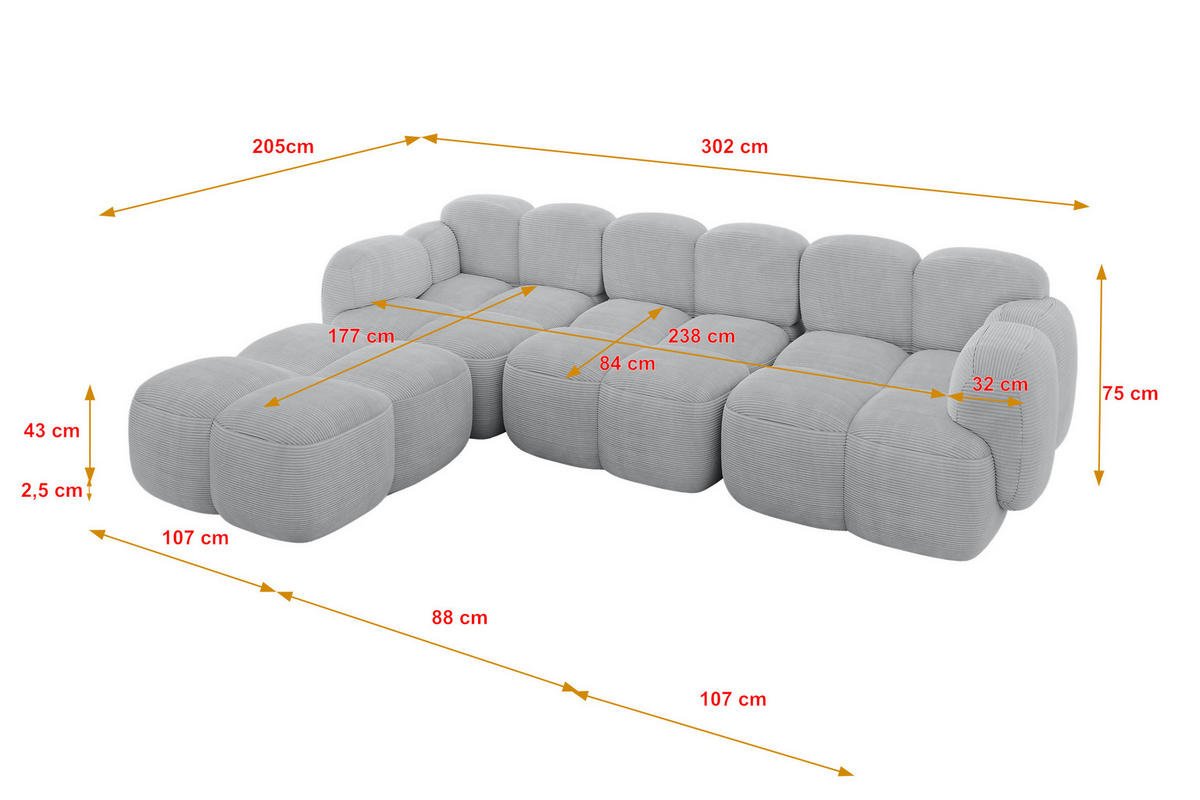 ECKSOFA modulares Sofa Links Miko-L2 302x205x75 Grau Cord - Anthrazit/Schwarz, Holzwerkstoff/Kunststoff (302/205cm) - ALTDECOR