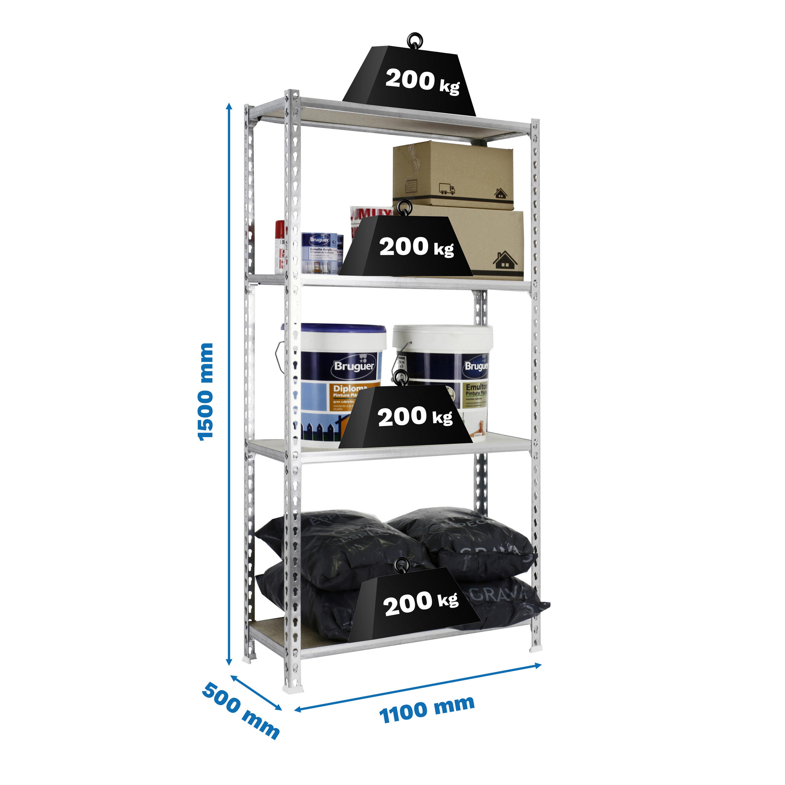 SCHWERLASTREGAL Mid Muli HxBxT 150 x 110 x 50 cm 4 Fachböden Fachlast 200 kg Verzinkt - Silberfarben, Metall (110/150/50cm) - PROREGAL