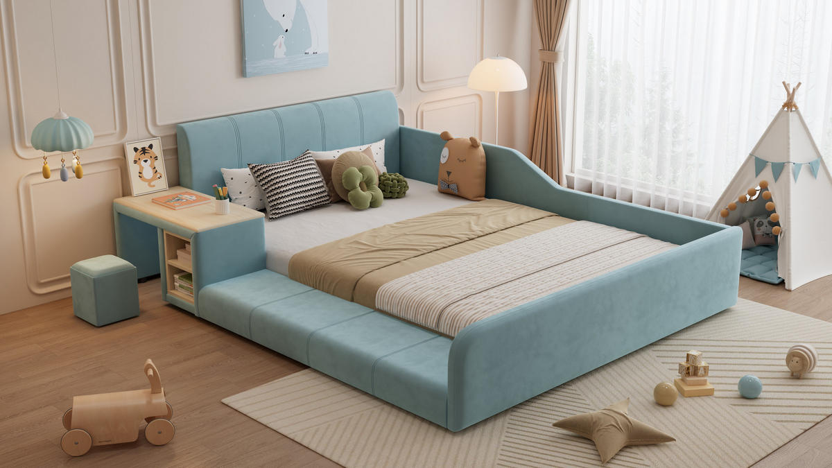 POLSTERBETT 140/200 cm in Blau & Natur mit Schreibtisch, Hocker und Ablageboden Samt - Blau, Holzwerkstoff/Textil (140/200cm) - CHICFURN