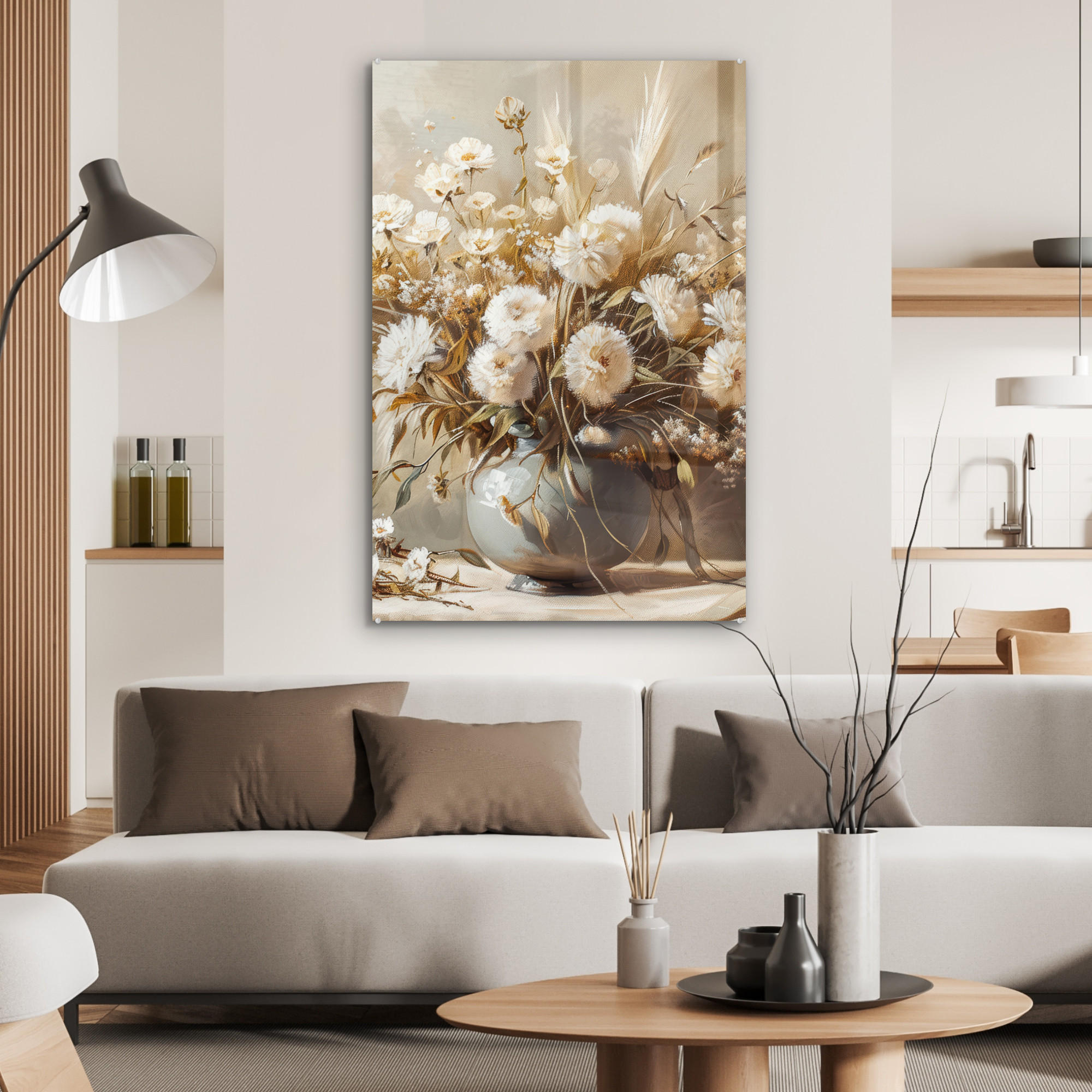 ACRYLGLASBILD Blumen - Vase - Stilleben - Beige 60x90 cm - Creme, Glas (60/90cm) - MuchoWow