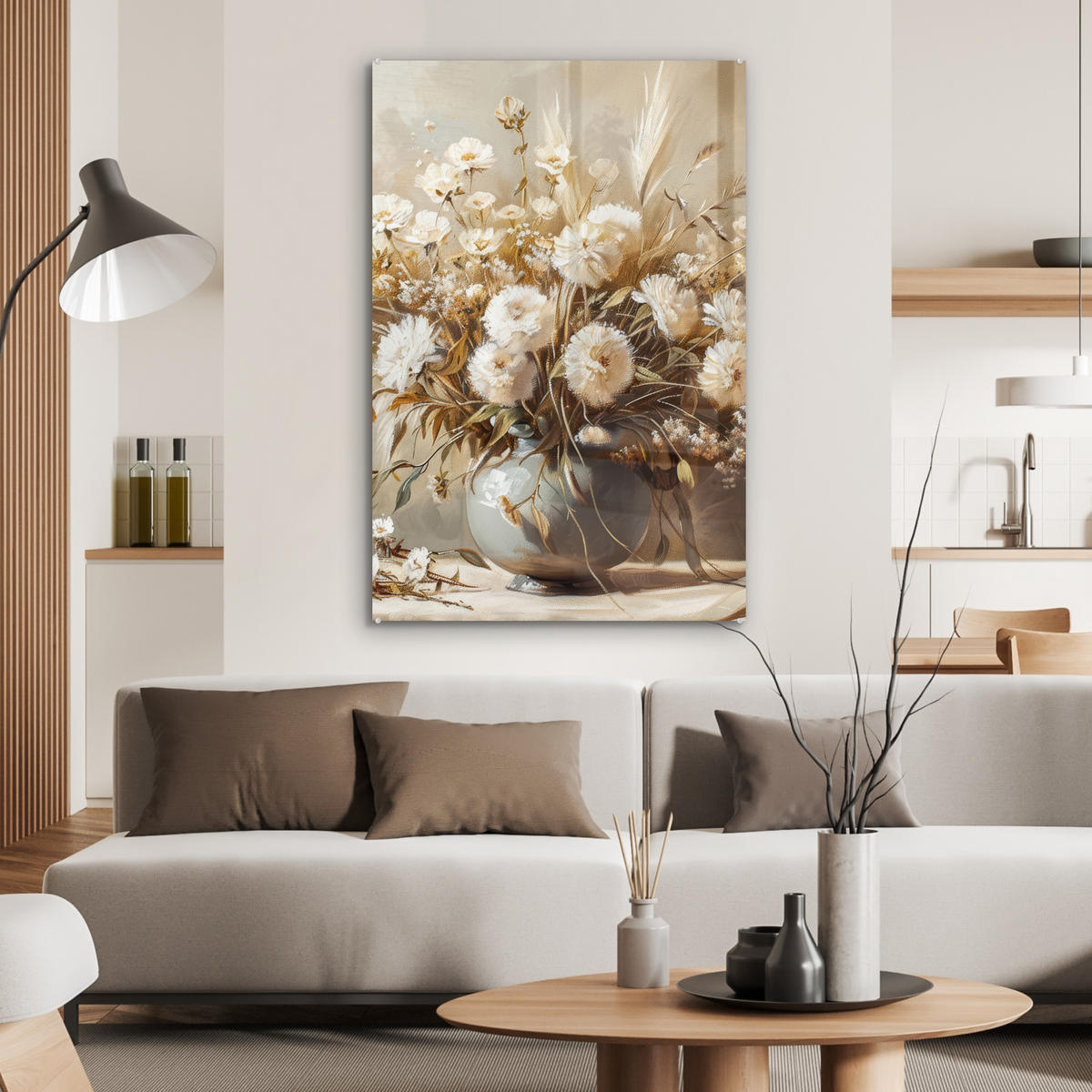 ACRYLGLASBILD Blumen - Vase - Stilleben - Beige 60x90 cm - Creme, Glas (60/90cm) - MuchoWow