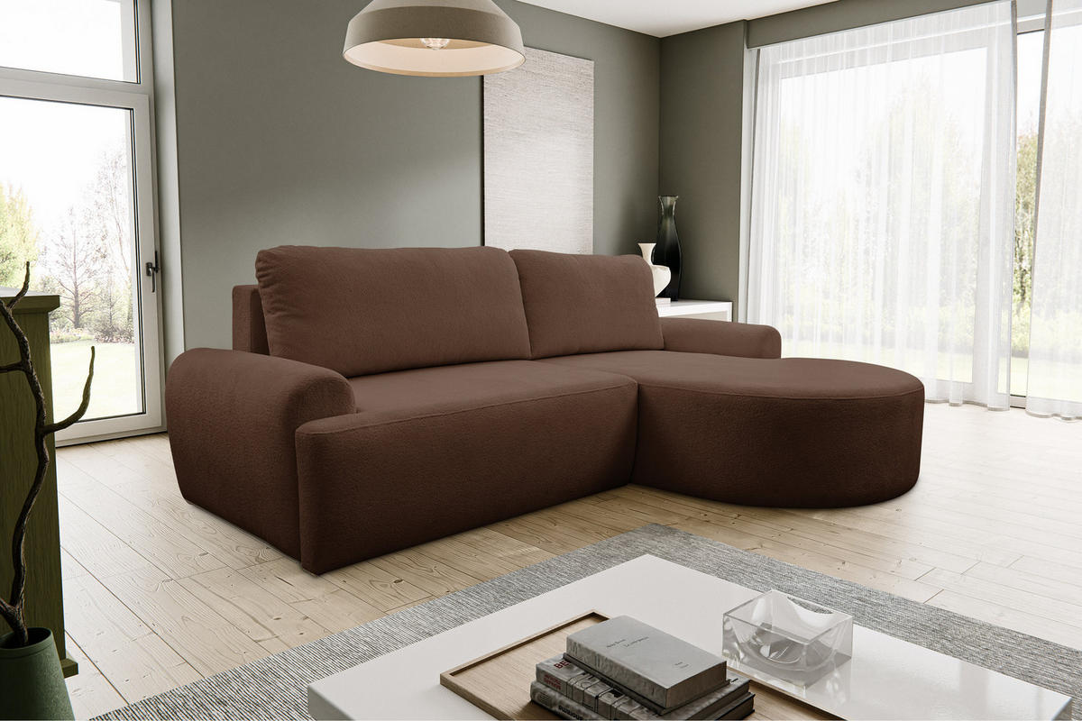 ECKSOFA Dream in L-Form mit Schlaffunktion und Bettkasten, Farbe: Dunkelbraun, Bouclé-Stoff, Ottomane Rechts - Dunkelbraun, Textil (260/136cm) - VENASI MÖBEL