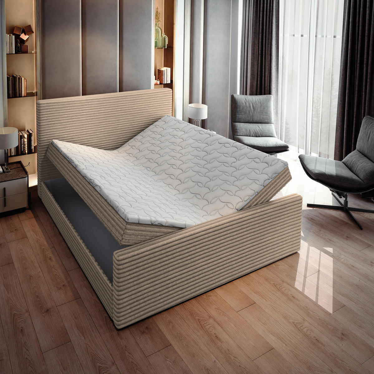 BOXBETT BRENTO 160x200 cm mit Matratze und Topper - Beige - Beige, Holz (160/200cm) - MASSENO