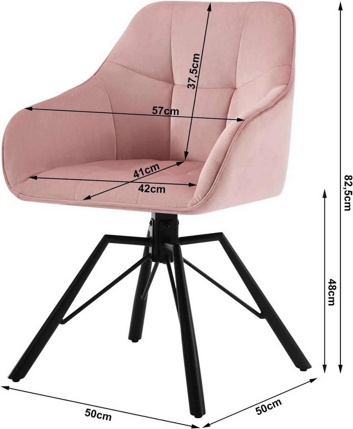 ARMLEHNSTUHL drehbar mit Samtbezug - Schwarz/Rosa, Textil/Metall (57/82.5/54cm) - Woltu
