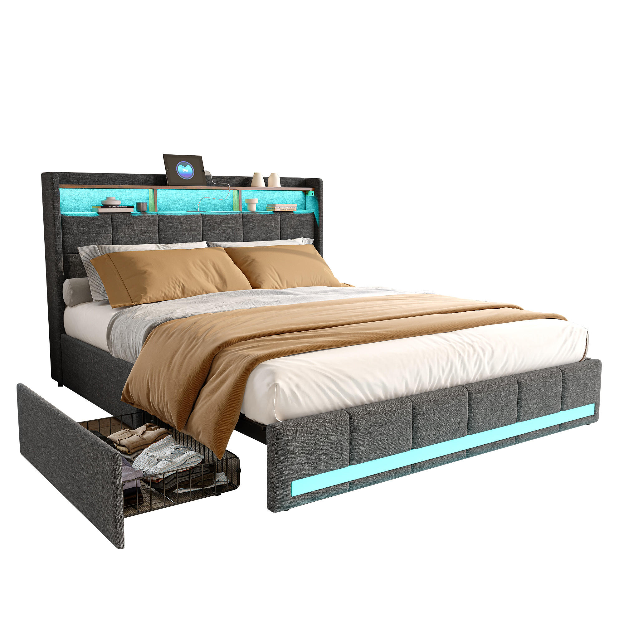 POLSTERBETT Leinen 160x200 cm mit LED Beleuchtung, USB und 4 Schubladen Grau - Grau, Holzwerkstoff (160/200cm) - Novahome