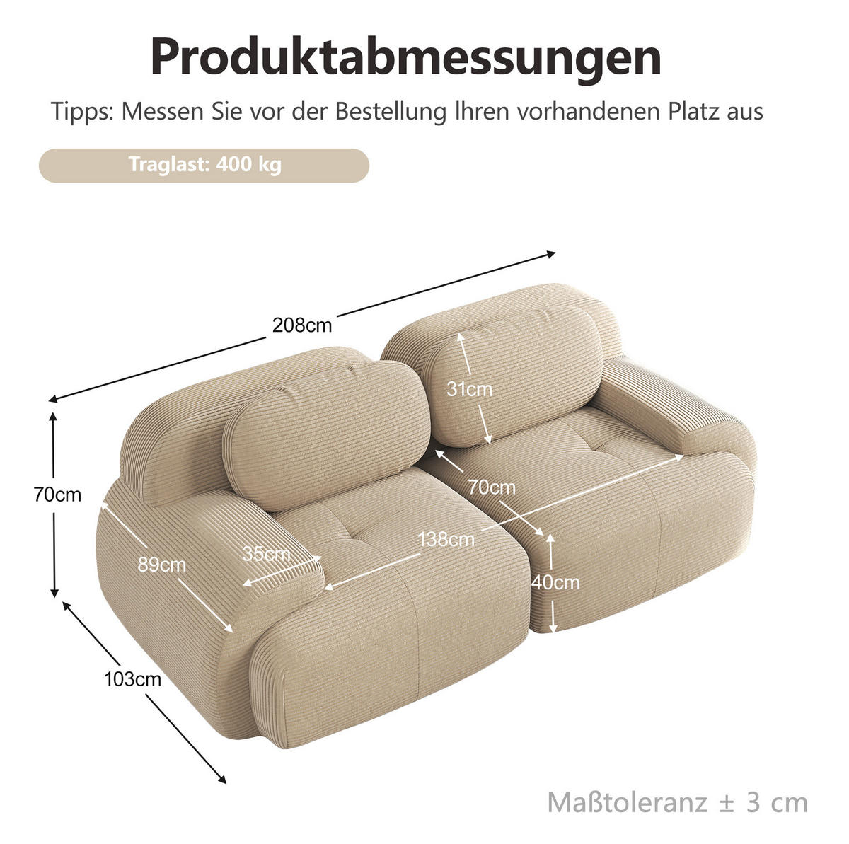 ECKSOFA 208/103/70 cm in Beige aus Cord mit modularem Design und rutschfester Unterseite - Beige, Textil (103/70/208cm) - Flora Grace