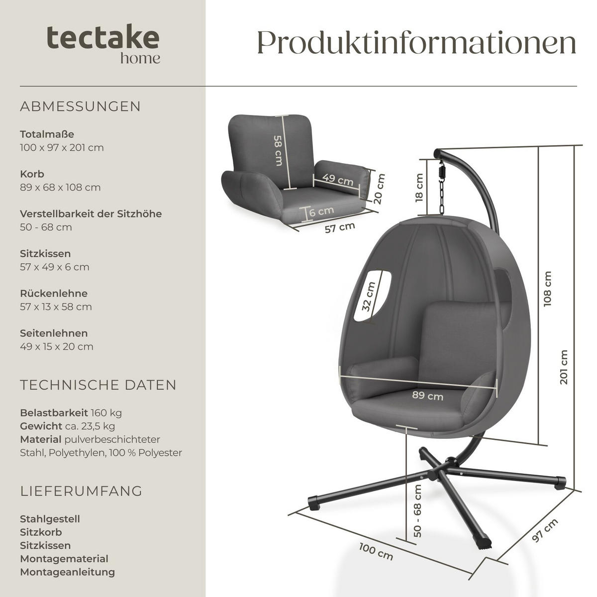 HÄNGESESSEL Anika mit Gestell und Kissen,360° drehbar,160 kg,anthrazit,100x97x201 cm - Anthrazit, Kunststoff/Textil (100/201/97cm) - tectake