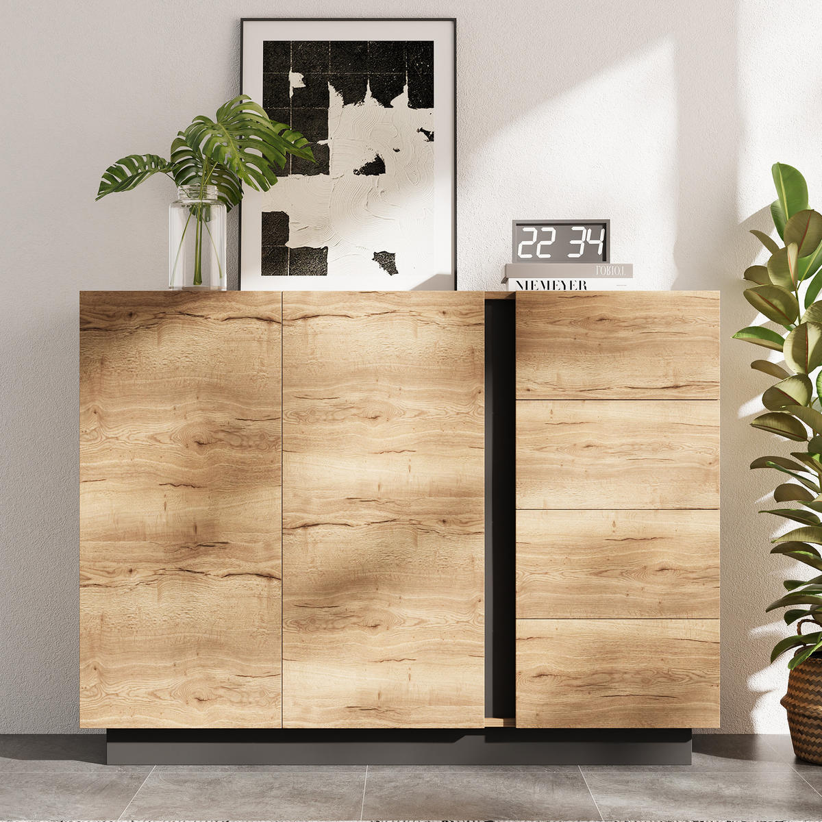 KOMMODE Sideboard 2 Türen Schwarz Natur 110x35.5x90.5cm - Multicolor, Holzwerkstoff (35.5/90.5/110cm) - FLIEKS