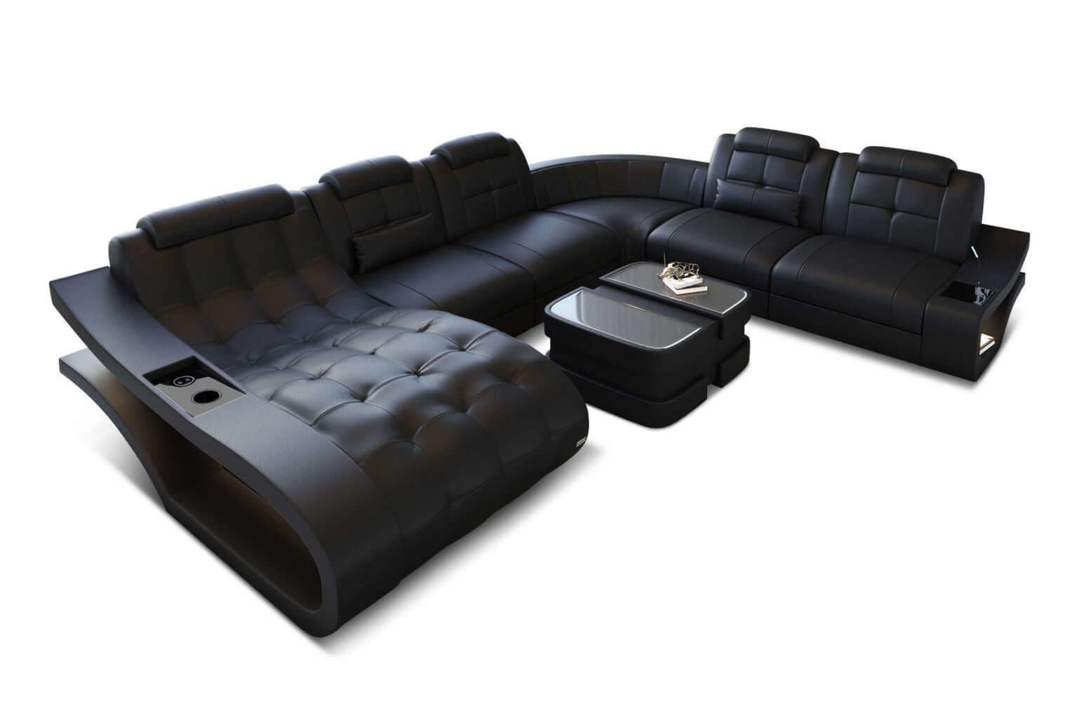 WOHNLANDSCHAFT Elegante Schwarz Büffelleder - Schwarz, Leder (379/91/283cm)