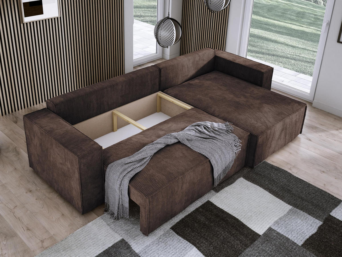 ECKSOFA POSO XL UNIVERSAL, Schlaffunktion und Lattenrost - L-Form, Cord, Federung auf Wellfedern, 274x143x83 cm, Rechts Brown - Braun, Holz/Textil (277/143cm) - DomoHome
