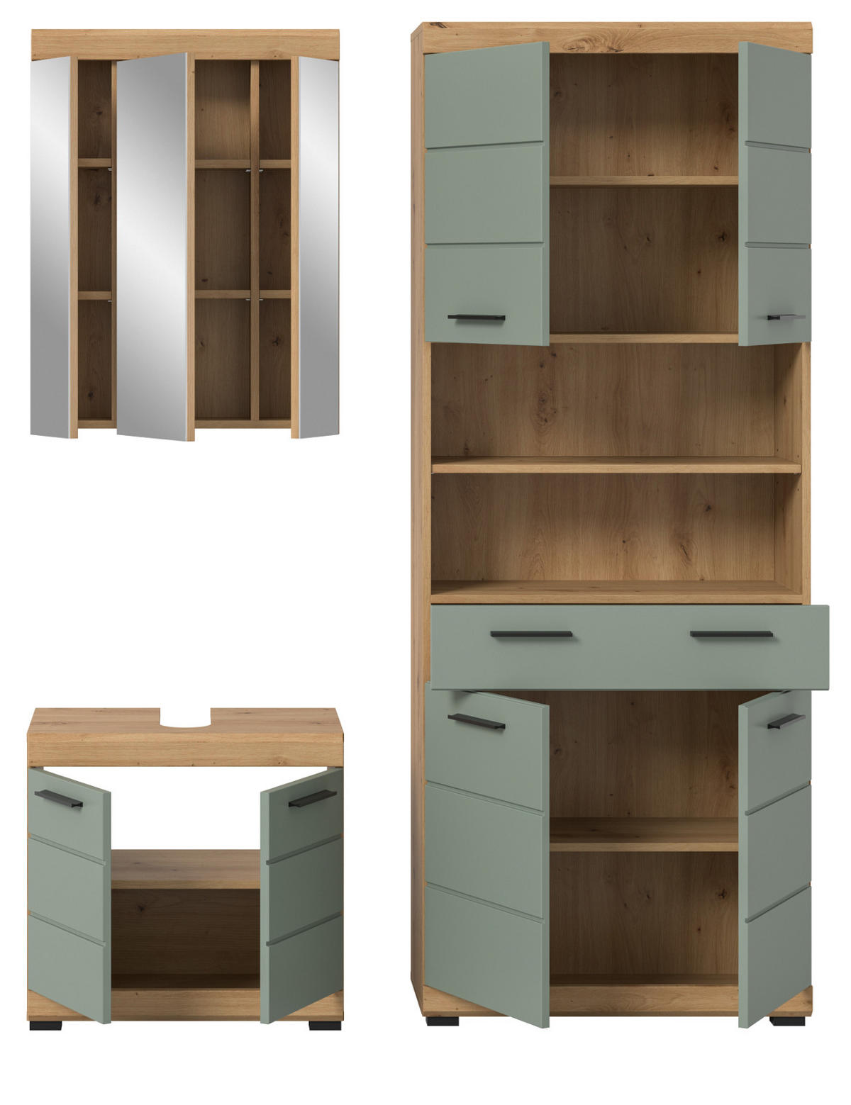 BADMÖBEL-SET Salbei grün, Artisan Eiche 3-teilig 149 cm, Badschränke mit viel Stauraum - Schwarz/Eiche Artisan, Glas/Holzwerkstoff (149/191/34cm) - Inn.Furn