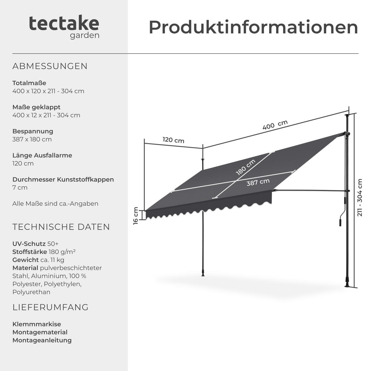 KLEMMMARKISE ,einfache Montage,schwarz/grau - Schwarz/Grau, Kunststoff (400/304/180cm) - tectake
