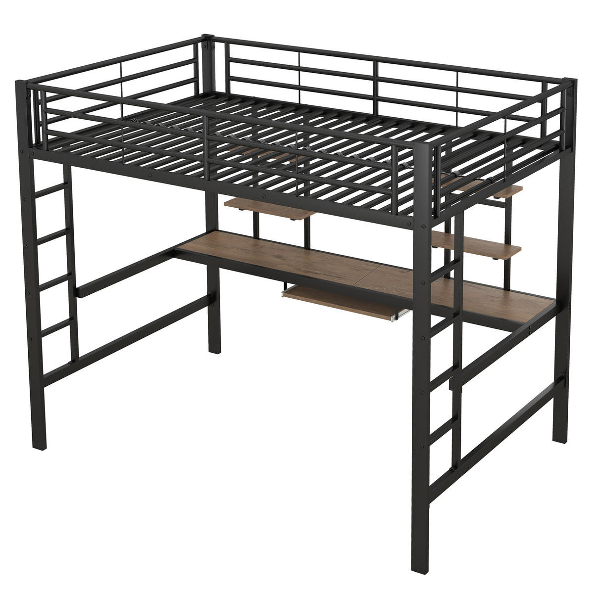 HOCHBETT 140/200 cm Schwarz aus Metall mit Schreibtisch und 2 Regalen - Schwarz, Metall (140/200cm) - OKMYHOME