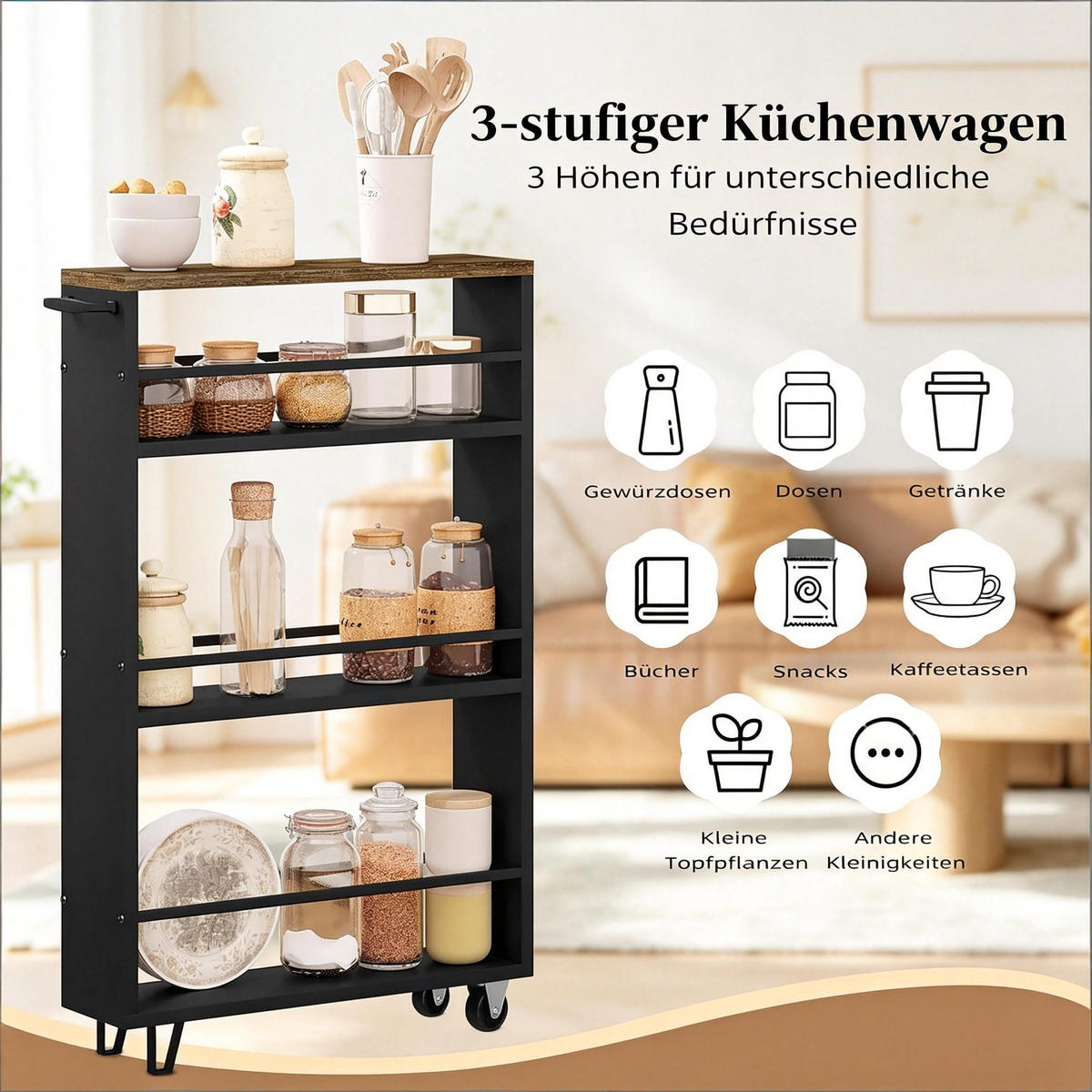 SERVIERWAGEN DE-41496 47/80/13 cm, schmal, 3 Regale, Rollen Schwarz - Schwarz, Holzwerkstoff (13/80/47cm) - ComfortXL