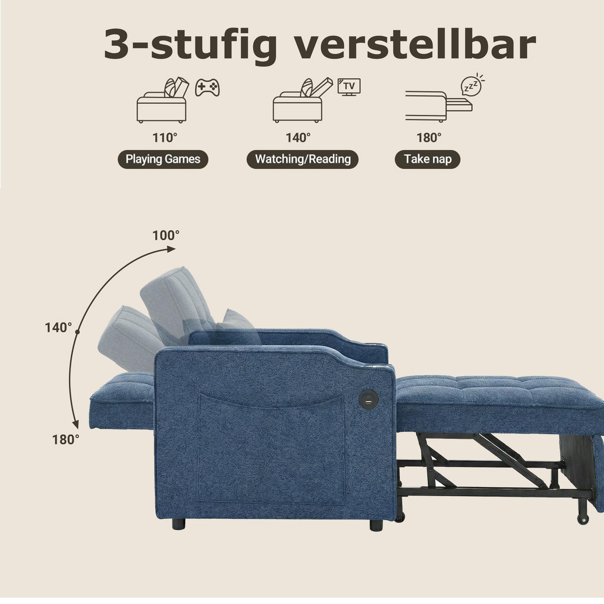 RELAXSESSEL 190/85/86 cm Marineblau mit USB-/Typ-C-Anschluss und Seitentasche - Dunkelblau, Textil (190/86/85cm) - Oxeza
