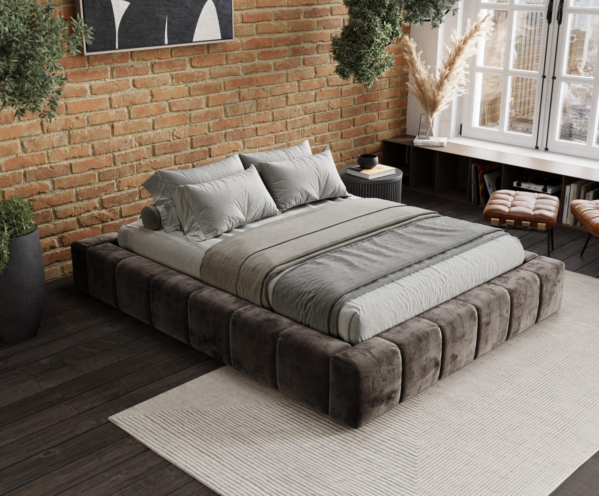 POLSTERBETT Aruba Braun 180/200 cm im Chenille-Stoff - Schwarz/Naturfarben, Holz/Holzwerkstoff (180/200cm) - Maison de Reve
