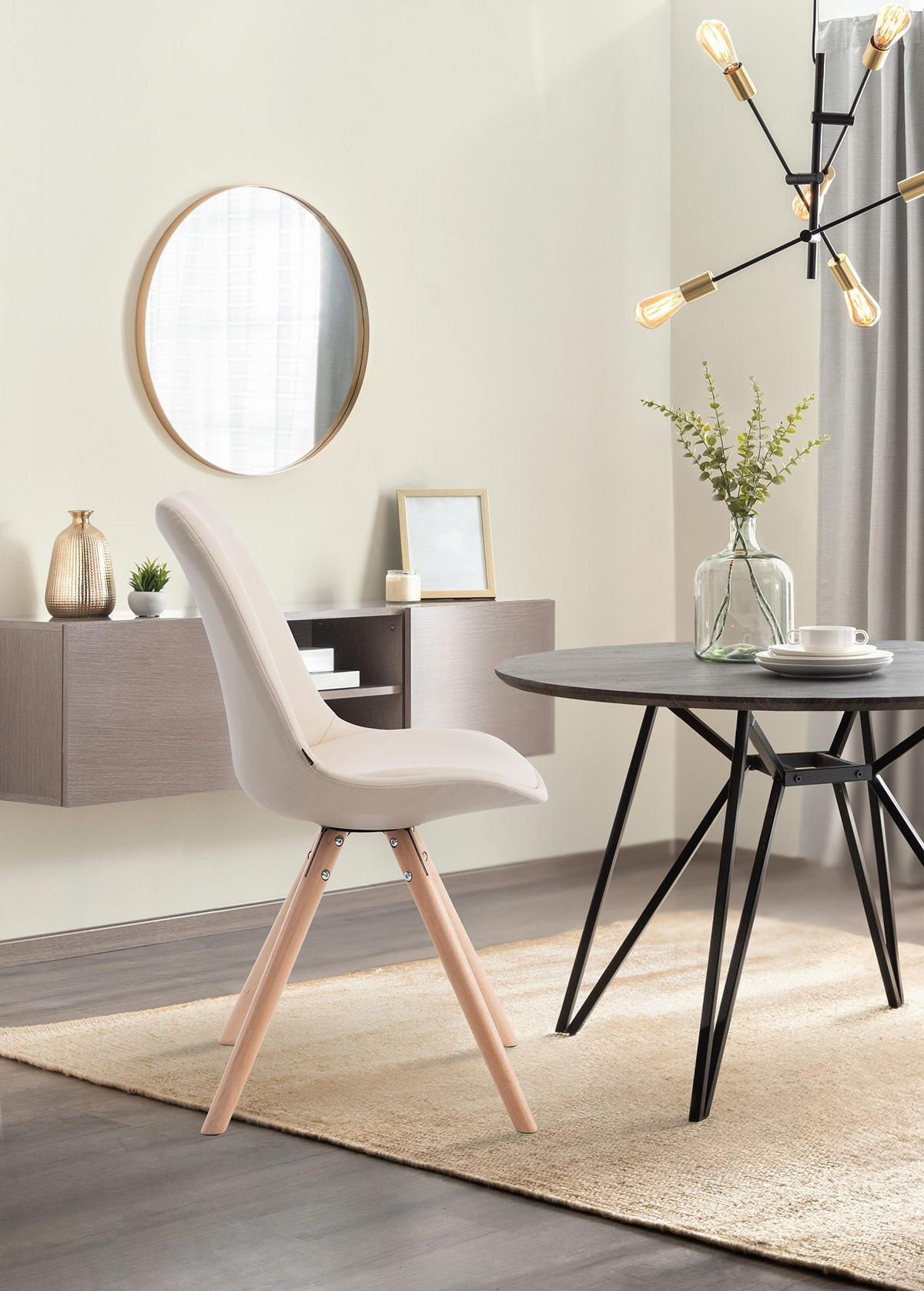 STUHL Lederlook creme - Eukalyptusholzfarben/Creme, Holz/Textil (48/84/56cm) - CLP