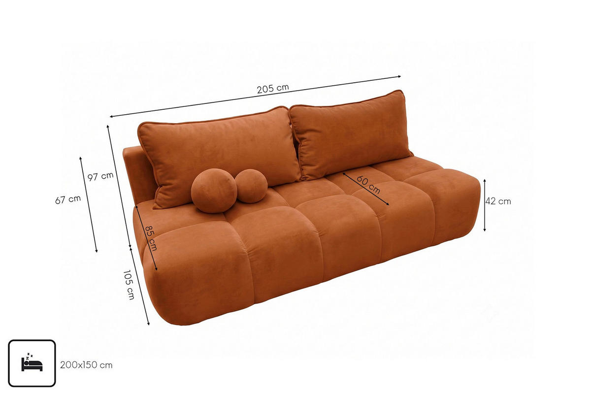 POHOVKA S funkcí spaní A úložným prostorem, sametová látka Bluvel, Skořicová, COCO - měděná, dřevo (205/97/105cm) - Kaiser Möbel