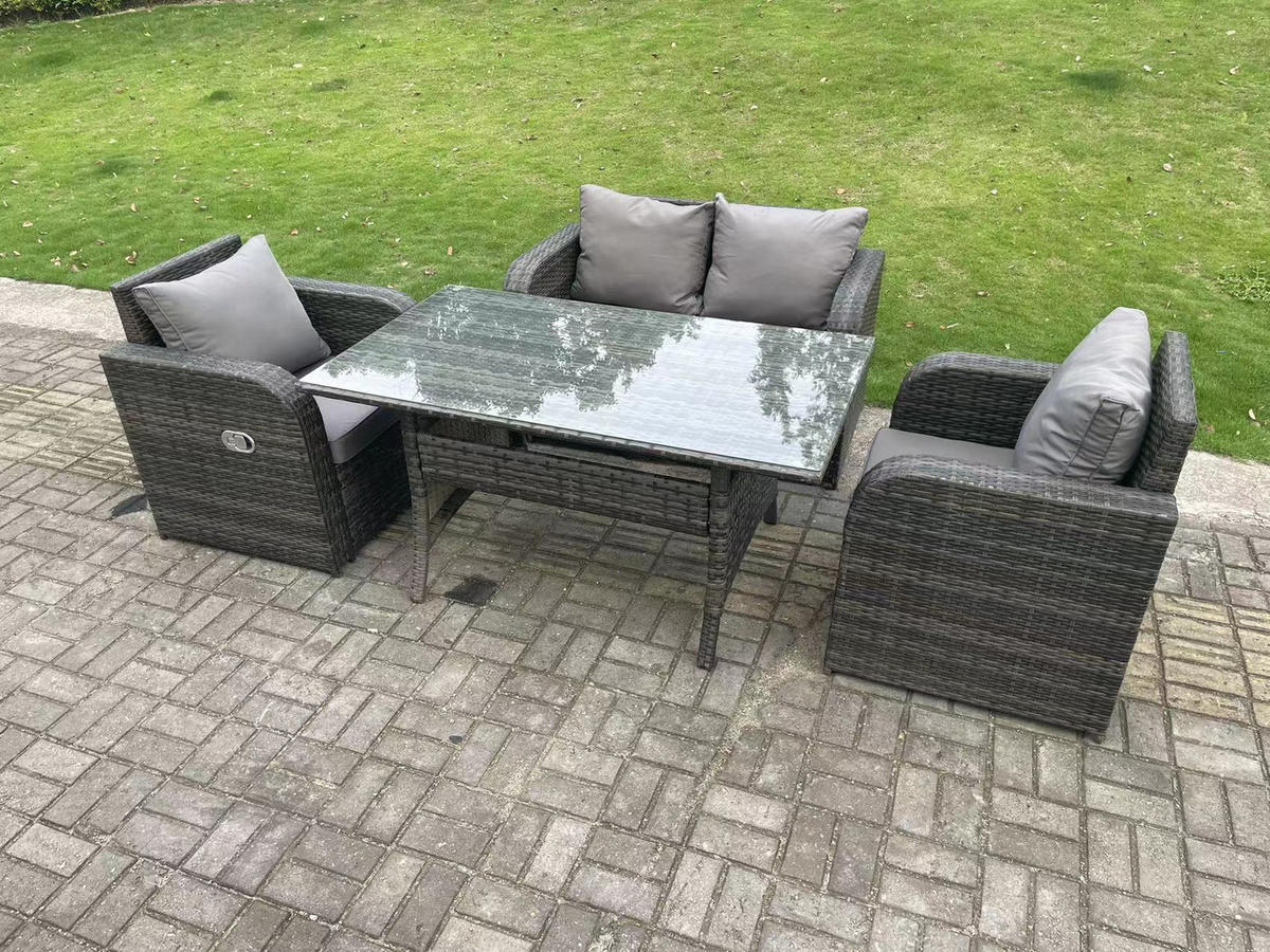 GARTENMÖBELGARNITUR mit Esstisch Polyrattan Dunkelgrau 4-Sitzer - Dunkelgrau/Grau, Glas/Kunststoff - Fimous