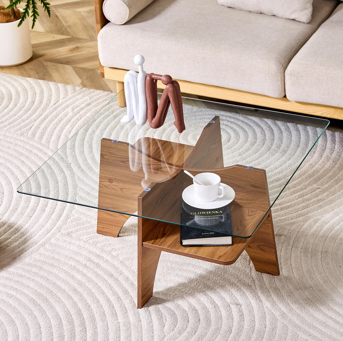 COUCHTISCH 80/80/40 cm Transparent Nussbaum MDF mit Sicherheitsglas und Ablagefach - Walnussfarben, Holzwerkstoff (80/80/40cm) - OKWISH