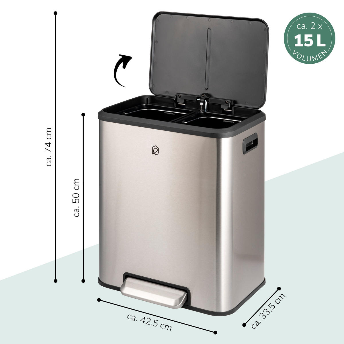 ABFALLEIMER je 15 Liter, silber - Edelstahlfarben, Metall (42.5/50/33.5cm) - eluno