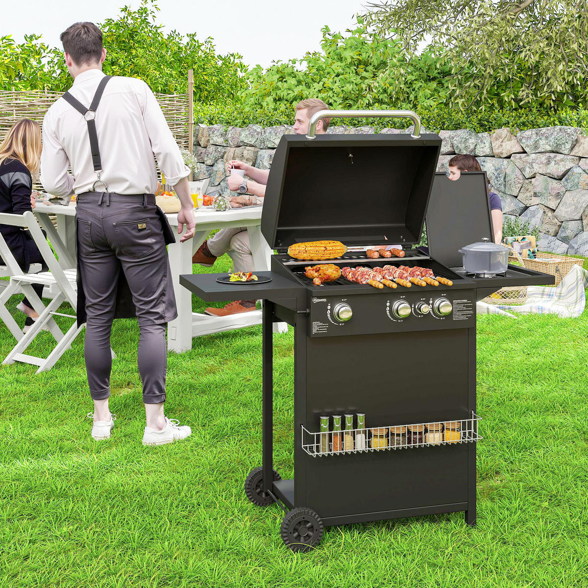 GASGRILL DE-18620 3+1 Brenner 9,5 kW mit 2 Grillrosten Schwarz - Schwarz, Metall (58/98/123cm) - ComfortXL