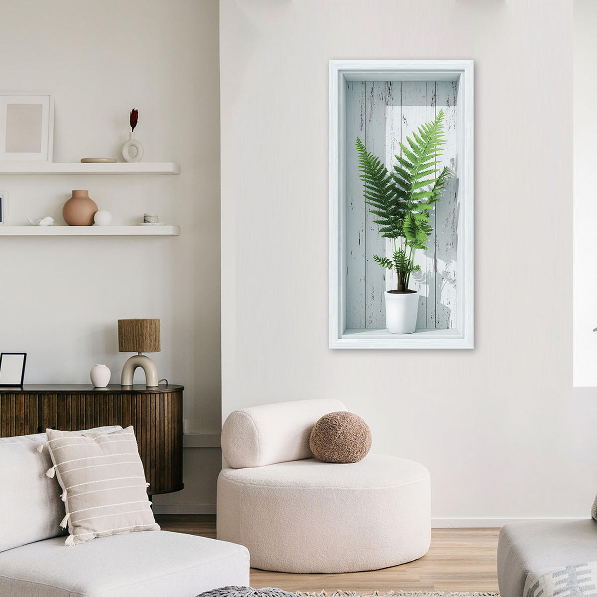 LEINWANDBILD Farnblätter in einer 3D-Vertiefung 40x80cm - Weiß, Textil (40/80cm) - Feeby