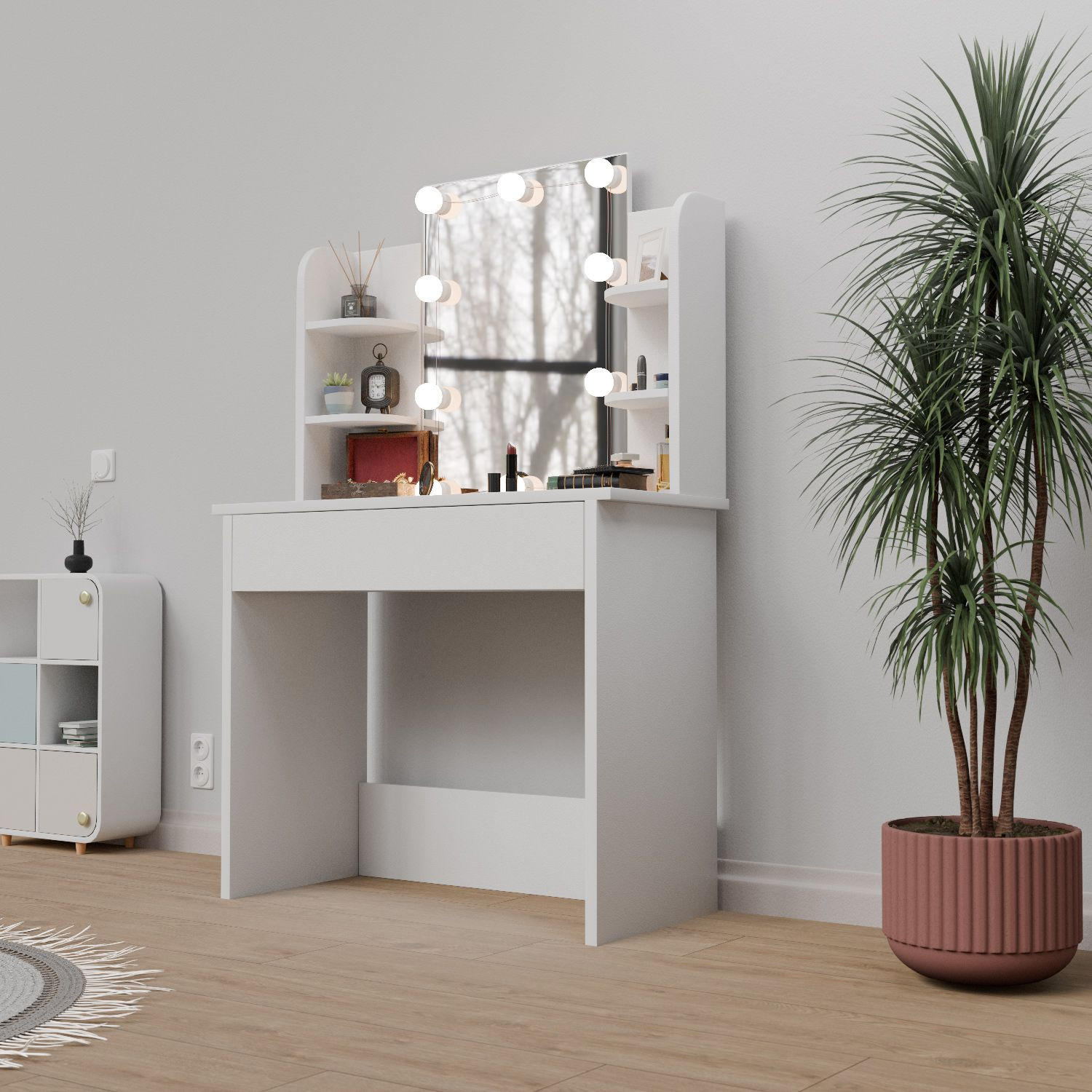 SCHMINKTISCH Zoey mit LED-Beleuchtung - Weiß, Holz (40/140/90cm) - Juskys