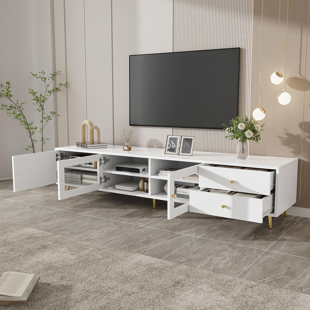 TV-SCHRANK 170/40/28 cm Weiß mit 2 Schubladen, 2 Glastüren und 1 Schranktür - Weiß, Holzwerkstoff/Metall (170/28/40cm) - Oxeza