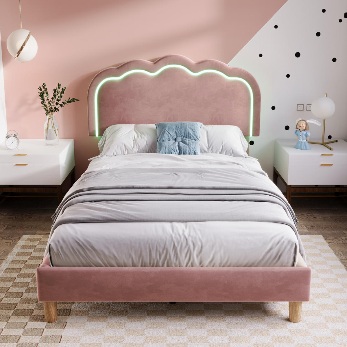 POLSTERBETT aus Samt 90x200 cm Rosa mit LED-Beleuchtung und verstellbarem Kopfteil - Rosa, Textil (90/200cm) - IVMEU