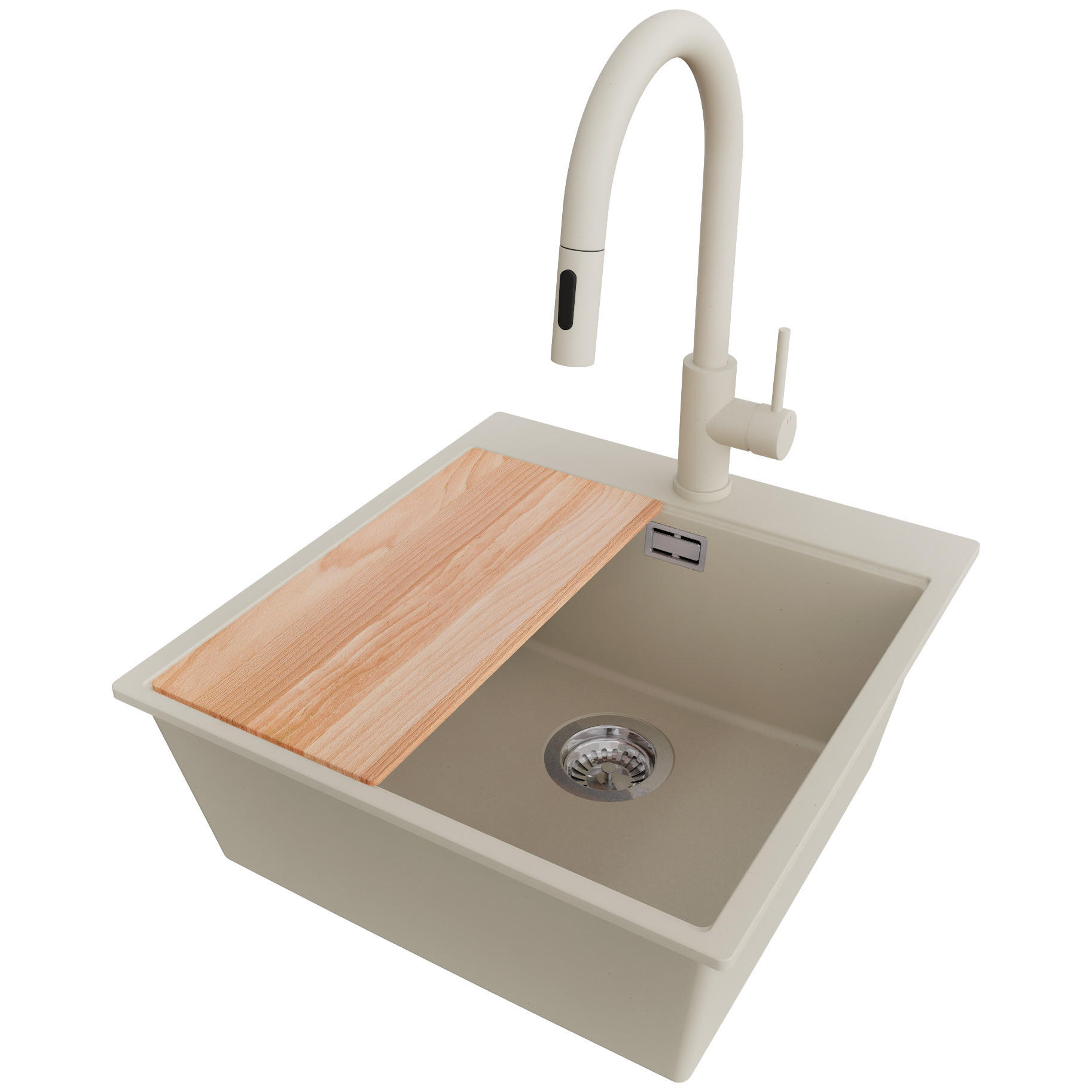 GRANITSPÜLE Oslo, 2-er set Beige 48/50 cm 1 Becken + Küchenarmatur 40/20 cm + Ablauf-Set + Schneidebrett ab 50er Unterschrank - Chromfarben/Beige, Kunststoff (48/20/50cm) - Primagran