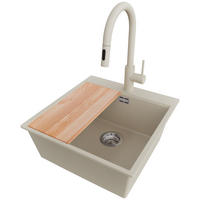 GRANITSPÜLE Oslo, 2-er set Beige 48/50 cm 1 Becken + Küchenarmatur 40/20 cm + Ablauf-Set + Schneidebrett ab 50er Unterschrank - Chromfarben/Beige, Kunststoff (48/20/50cm) - Primagran