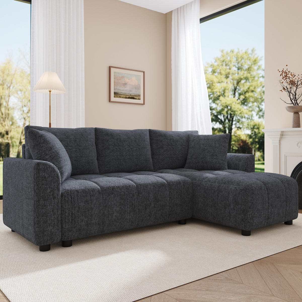 ECKSOFA 204/127/82.5 cm Grau Chenille mit 2 Zierkissen - Grau, Holz/Textil (204/127cm) - Oxeza