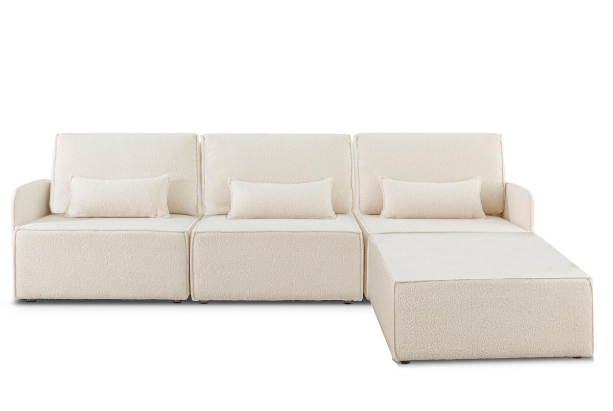 3-SITZER-SOFA Chaiselongue bezogen Bouclé und Kiefernholz Schneeweiß LEA - Weiß, Textil (278/87/90cm) - RNT By Really Nice Things