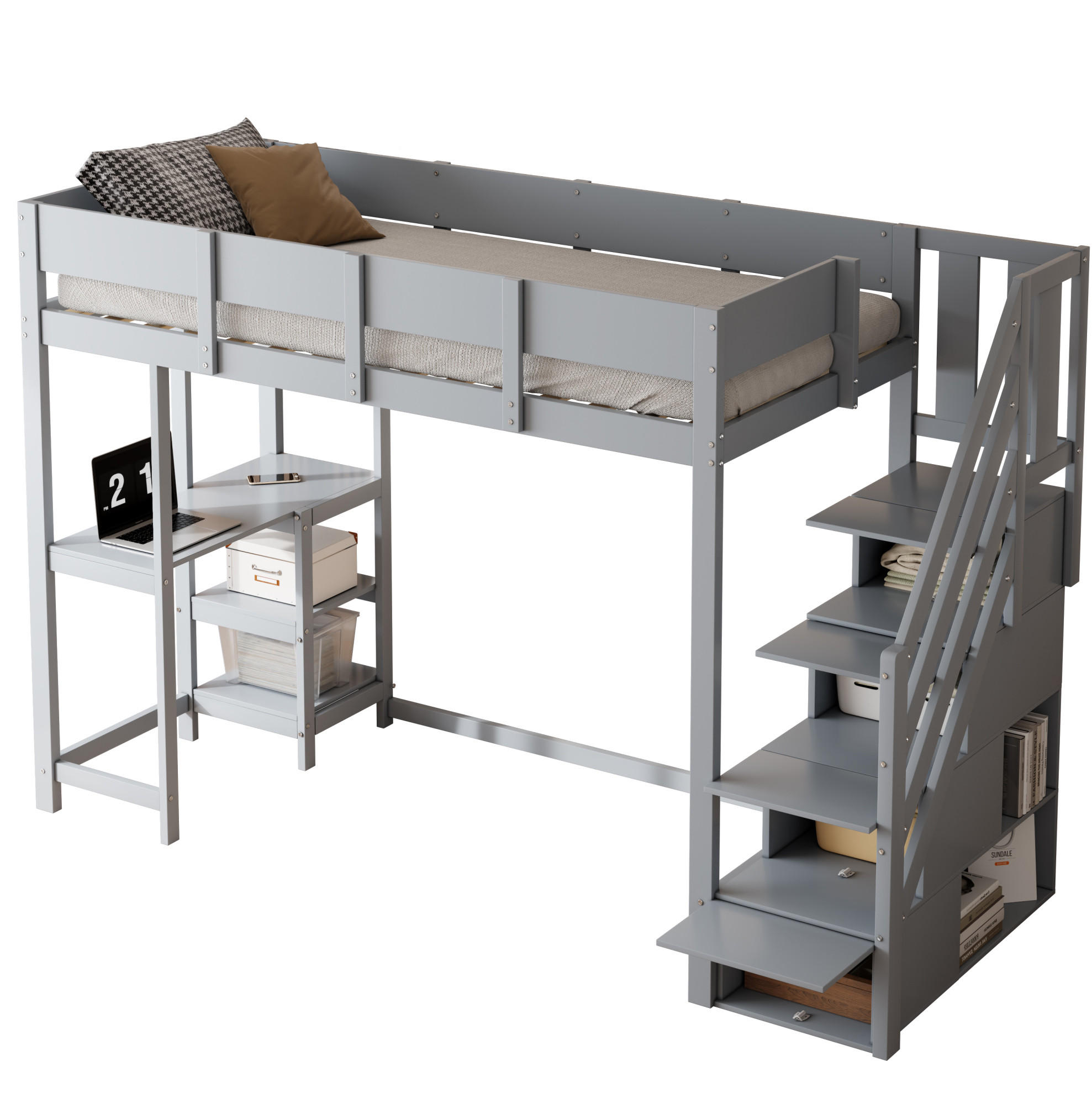 HOCHBETT 90/200 cm mit Stauraumtreppe, Ablageregal und Lattenrost aus Kiefern Holzwerkstoff, Grau - Grau, Holzwerkstoff (90/200cm) - Redom